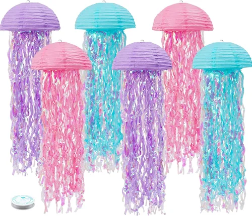 Vista 12 de Decoraciones de cumpleaños de sirena, linternas de papel de medusas rosadas lavanda azul, escamas de sirena colgantes en forma de linterna
