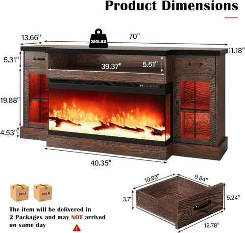 Vista 2 de 4 EVER WINNER Soporte de TV con chimenea de 70 pulgadas para televisores