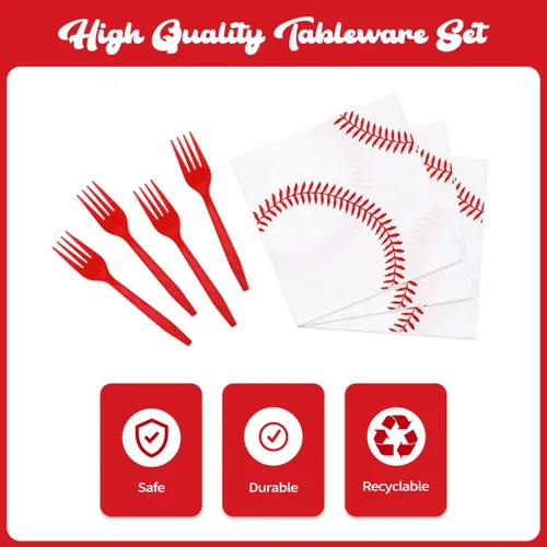 Vista 4 de WILDPARTY Juego de 96 piezas de suministros para fiesta de béisbol para 24 invitados, incluyendo platos de papel de béisbol, platos de postre