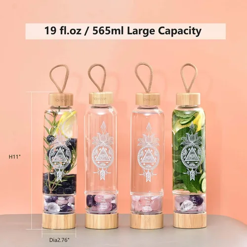 Vista 2 de Botellas de agua de cristal de 19 onzas, botella de agua grande con gemas de elixir de cristal con cristales intercambiables, botella de agua