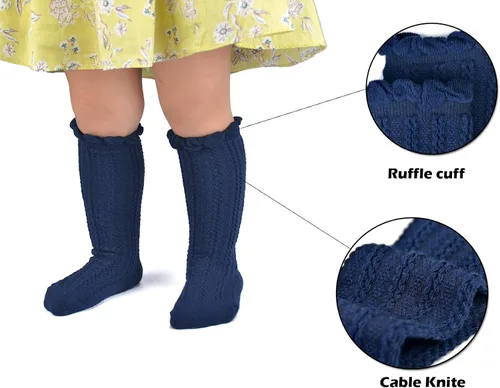 Vista 3 de Epeius - Calcetines altos de algodón para bebés y niñas, de uniforme, calcetas con vuelos (Paquete de 3 o 5)
