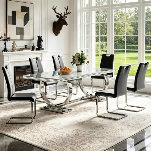 Vista 39 de 5 Piece Black Marble Dining Table Set for 4, Modern Faux Marble Kitchen Dining Room Tables with 4 Leather Chairs Set, 68.11" Luxury Rectangular