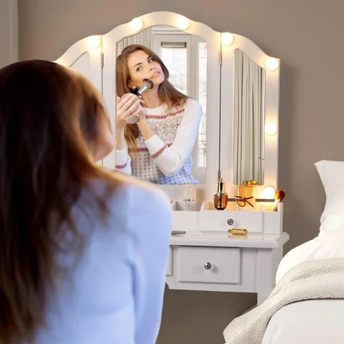 Vista 5 de Escritorio de maquillaje blanco con espejo plegable y luces