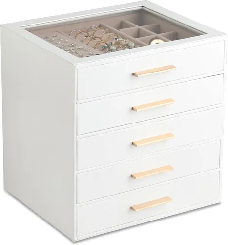 Vista 19 de Frebeauty Joyero para mujer, organizador de joyas con tapa transparente con 3 cajones Marrón Oscuro