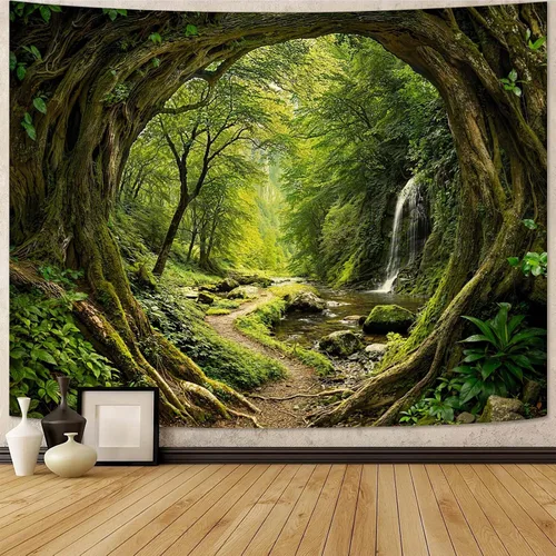 Vista 8 de Kanuyee Tapiz de bosque verde, tapiz de paisaje para pared, tapices de naturaleza para techo y pared, colgante para dormitorio, sala de estar