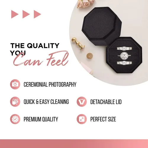 Vista 3 de Caja de terciopelo para anillos de alta calidad para ceremonia de boda con tapa desmontable, elegante y bonita caja para anillos de boda, 3 ranuras