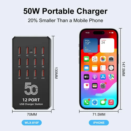 Vista 5 de Estación de carga USB de 50 W y 12 puertos para múltiples dispositivos, concentrador de carga USB portátil compatible con iPhone, Android, tableta