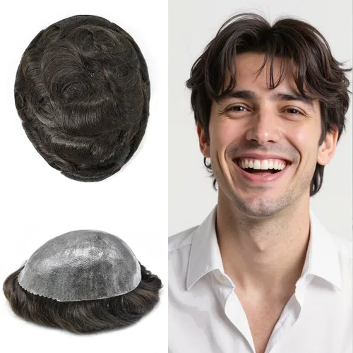 Vista 441 de Toupee para hombre 100% cabello humano real tupé para hombres 0.004 in piel de poliuretano para hombre, sistema de reemplazo de piezas de pelo