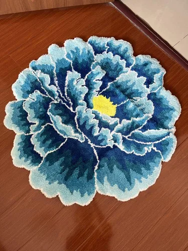 Vista 2 de Alfombra de área con forma floral de peonía azul, alfombra de arte moderno para dormitorio, cocina, baño, alfombra de baño suave, antideslizante