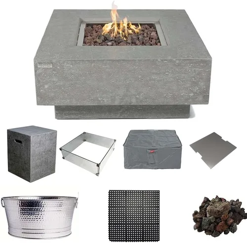 Vista 13 de Manhattan - Chimenea de concreto de 36 x 36 pulgadas para patio al aire libre, incluye rocas de lava modernas hogueras y chimeneas al aire libre