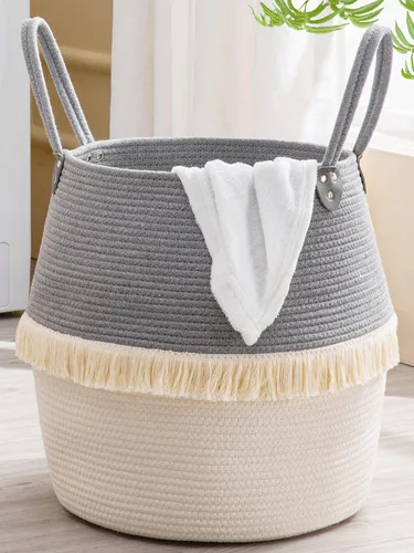 Vista 17 de KAKAMAY Cestas tejidas para almacenamiento (17 x 17 pulgadas), cesta grande de lavandería para bebé tejida con cuerda de algodón, cesta de Flecos