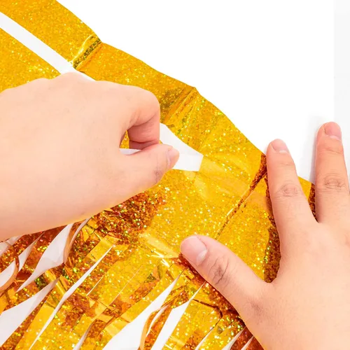 Vista 6 de GREATRIL Cortinas con flecos de lámina dorada, 2 paquetes y manteles plateados para fiestas, 2 paquetes para decoración de fondo de fiesta