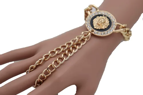Vista 2 de Pulsera de cadena de mano para mujer, diseño de león, anillos de esclavo, metal dorado, Metal