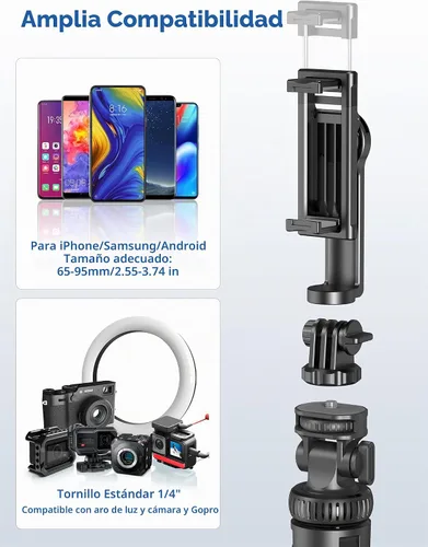 Vista 5 de Trípode de teléfono de 75 pulgadas, palo selfie con control remoto y soporte para teléfono, trípode extensible para iPhone, trípode de aluminio