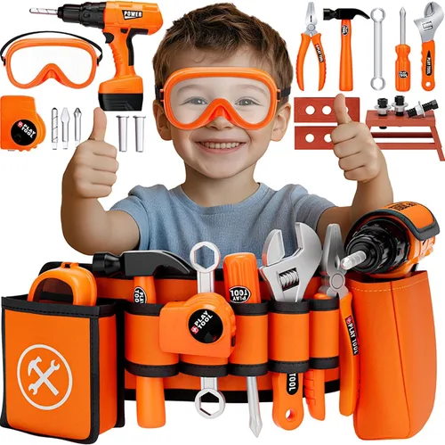 Vista 8 de TOY Life Juego de herramientas de juguete con motosierra eléctrica para niños con guantes, juego de herramientas para niños, juego de simulación