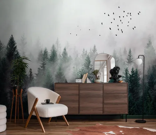 Vista 6 de Murwall Dark Forest Wallpaper Misty Jungle Wall Mural Landscape Wall Print Rustic Home Decor Cafe Design Living Room Bedroom