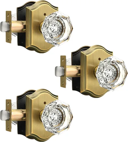 Vista 25 de Gobrico Juego de pomos de puerta de vidrio transparente para interiores, cerradura de puerta de cristal de diamante de privacidad en latón antiguo