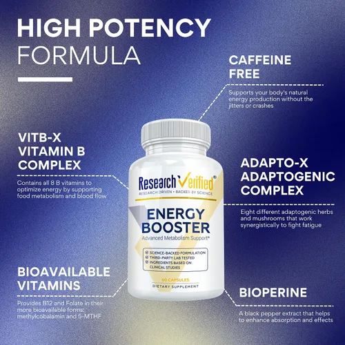 Vista 3 de Research Verified Energy Booster - 180 Cápsulas - Sin cafeína - Vitaminas B y adaptógenos - Suministro para 3 meses