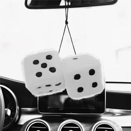 Vista 10 de Par de dados cuadrados retro de felpa mullidos de 3 pulgadas con puntos, decoración para colgar en el espejo del automóvil, adorno para espejo