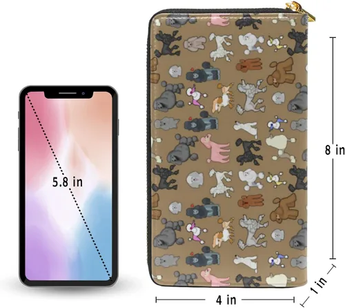 Vista 5 de Cartera larga para mujer, monedero con cremallera, cartera de cuero, Poodle, Cartera con cremallera