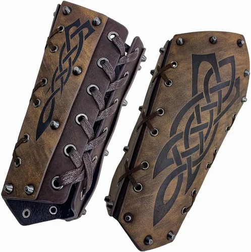 Vista 3 de Brazaletes vikingos de cuero sintético, muñequera de guantelete de cuero, brazaletes medievales, armadura de brazo, caballero LARP, 2 piezas
