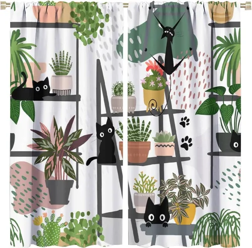 Vista 18 de Cortinas de estilo de mediados de siglo, diseño geométrico abstracto moderno, diseño retro, estampado de gato negro, para dormitorio, sala de estar