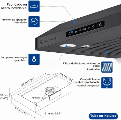 Vista 4 de AMZCHEF Campana extractora de acero inoxidable de 30 pulgadas, ventilador Negro