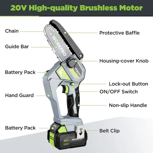 Vista 7 de WORKPRO Mini motosierra, motosierra compacta sin escobillas de 6.3 pulgadas con batería de 4.0 Ah, sierra de madera portátil de 20 V con una sola