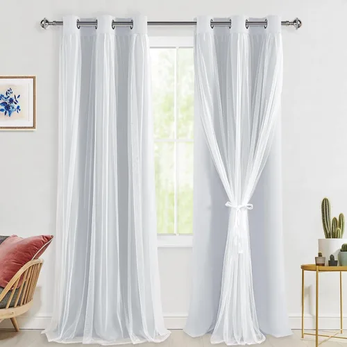 Vista 116 de Hiasan Cortinas opacas con superposición transparente, aislamiento térmico para mezclar y combinar de doble capa, cortinas de oscurecimiento de Beige