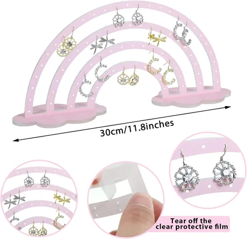Vista 2 de Soporte de acrílico para aretes de acrílico arcoíris, expositor de aretes de acrílico con base, 74 agujeros, soporte para aretes de acrílico