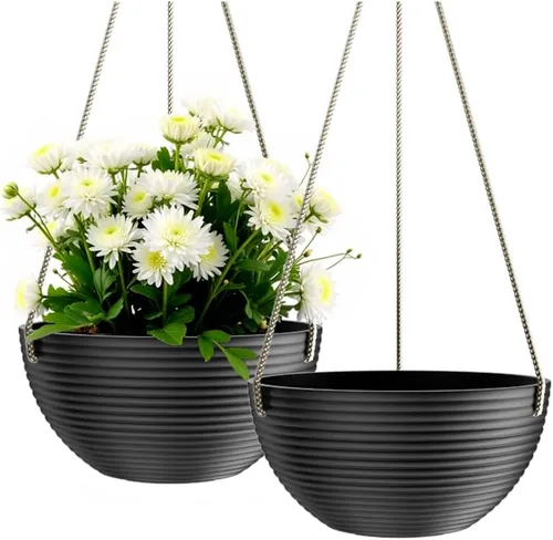 Vista 8 de Asnext Maceta colgante de 10 pulgadas con patrón de línea para plantas de interior y exterior, paquete de 2 macetas colgantes redondas para plantas