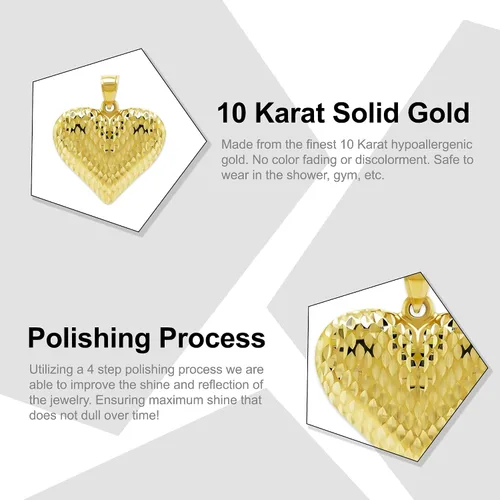 Vista 9 de Charm America - Dije de corazón inflado de oro - Oro de 14/10 quilates - Colgante de corte diamante pulido - Joyas 3D - Ideal para regalos