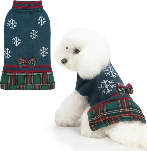 Vista 11 de PAWCHIE Vestido de suéter para perro con corbatín - Suéter de punto con cuello alto para perros pequeños, para niñas, para clima frío, con orificio