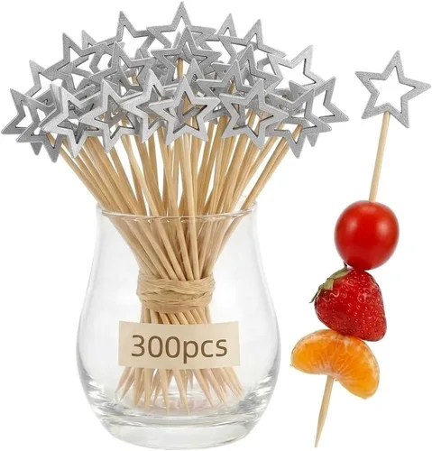 Vista 11 de 300 púas de cóctel de bandera estadounidense, brochetas de bambú de estrella de 4.7 pulgadas para aperitivos de frutas, suministros de fiesta