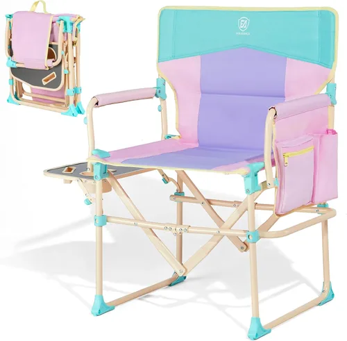 Vista 21 de EVER ADVANCED Silla de Directores de Camping con Mesa Lateral, Plegable Portátil con Tamaño Compacto, Silla de Jardín Resistente con Bolsillo