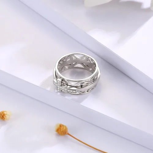 Vista 3 de Anillo giratorio de plata de ley 925 con cruz de Sariel, anillo de dedo para mujer, madre e hija