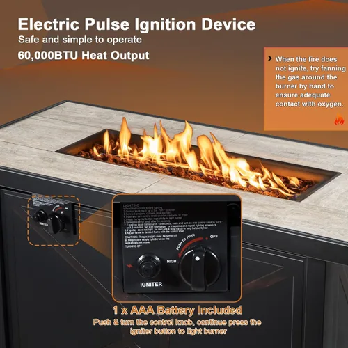Vista 3 de Tangkula Patiojoy - Mesa rectangular de gas de 42 pulgadas, mesa rectangular de gas para exteriores de 60,000 BTU con mesa de cerámica, rocas