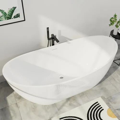 Vista 11 de Bañera independiente de acrílico Lucite de 59", forma columnar, tina de remojo contemporánea con desagüe central cromado con grifo de pie