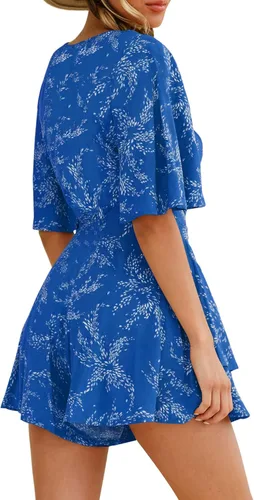 Vista 6 de Relipop - Enterizo de mujer con estampado floral, cuello en V, manga holgada, lazo en la cintura y dobladillo escalonado con volados, corto