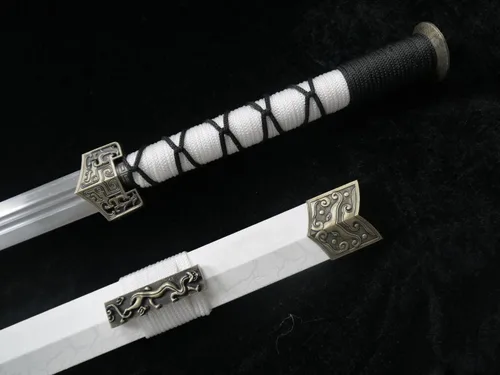 Vista 4 de Espada china/Han jian/Hoja de acero al carbono medio/vaina de pintura de cuero blanco