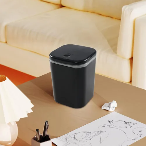 Vista 5 de Cubo de basura pequeño de 0.5 galones para encimera, cesta de basura de escritorio pequeña, color negro Mini basurero de escritorio con botón