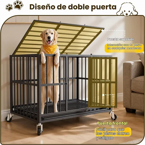 Vista 5 de Jaula para perros de acero resistente de 42 pulgadas a prueba de escape, jaula de doble puerta interior para alta ansiedad, bandeja extraíble