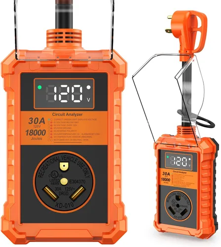 Vista 10 de Protector de sobretensiones RV de 50 amperios, analizador de circuito RV de 20000J con cubierta impermeable, pantalla LED, adaptador de enchufe RV