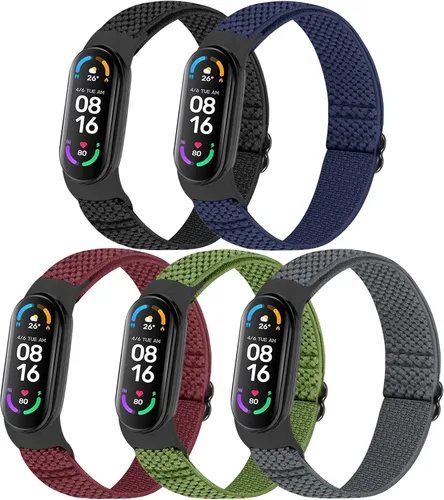 Vista 8 de TumpCez Paquete de 5 correas de nailon Solo Loop compatibles con Xiaomi Mi Band 7 6 5 4 3/Amazfit Band 5 correas, ajustable, transpirable, cómoda