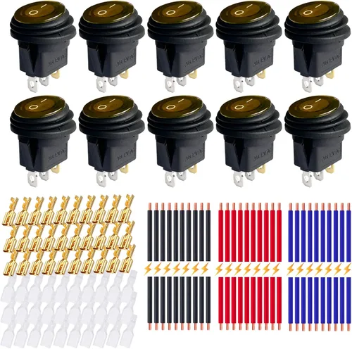 Vista 20 de Ampper Interruptores basculantes redondos iluminados DC 12V 20A, interruptor de palanca SPST redondo de 3 pines de 0.787 in con cables, terminales