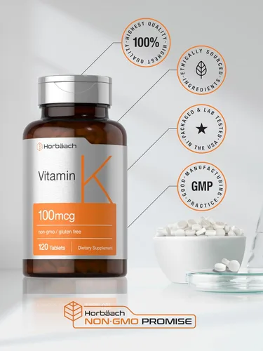 Vista 6 de Horbäach Suplemento de vitamina K 100mcg 120 tabletas Suplemento vegetariano, sin OMG y sin gluten