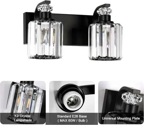 Vista 3 de Lámparas de baño negras con pantalla de cristal K9, iluminación de baño sobre espejo, luces de tocador para sala de estar, dormitorio, baño