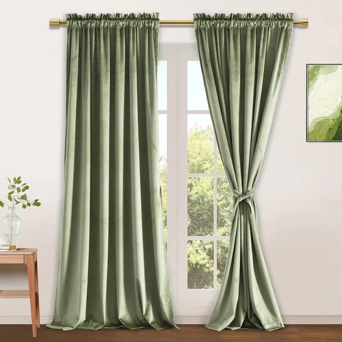 Vista 26 de JIUZHEN Cortinas de terciopelo beige de 63 pulgadas de ancho x 63 pulgadas de largo, cortinas de terciopelo retro suaves con bolsillo para barra