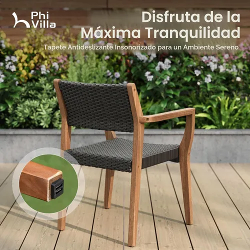 Vista 8 de PHI VILLA Sillas de comedor de madera de acacia para patio con asiento y Madera oscura y mimbre