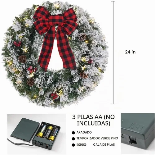 Vista 4 de DECSPAS - Coronas de Navidad para puerta delantera, 24 pulgadas, 2 pies, preiluminada, nevada, flocada, con temporizador, 30 luces LED, arco